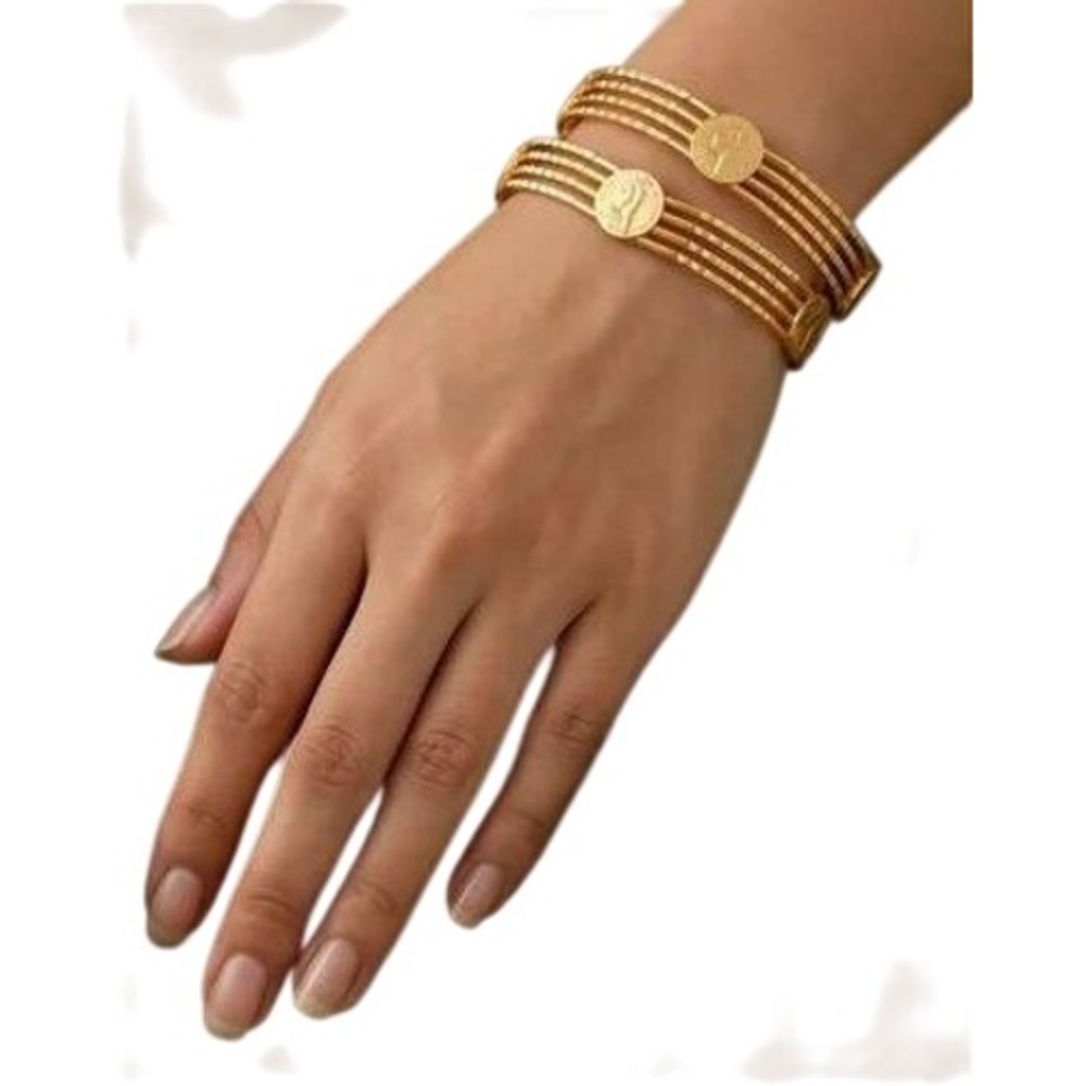 Gold Multi Strand Coin Bangle Bracelet Set Textured Layered Design 2pc